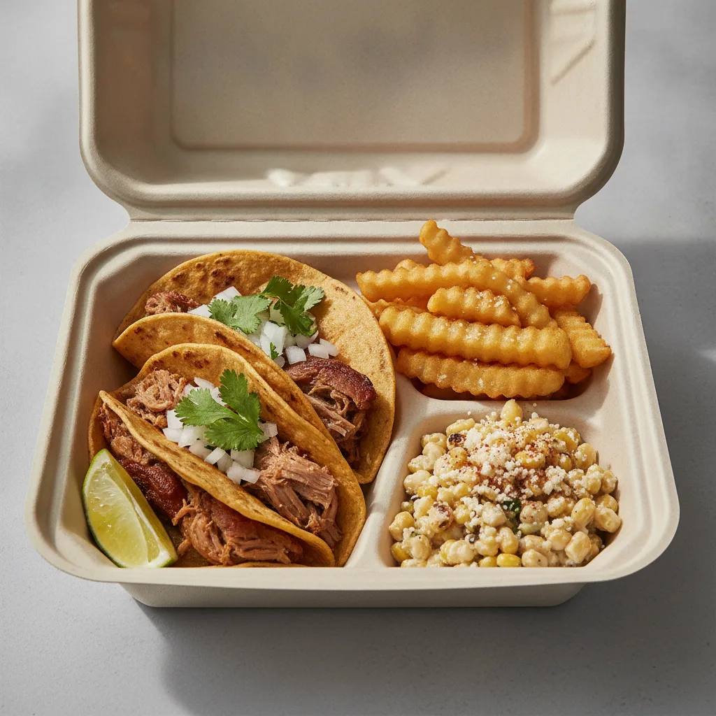 2 Tacos Boxed Lunch — Carnitas with French Fries / Street Corn Salad 2 Tacos Boxed Lunch — Carnitas with French Fries / Street Corn Salad