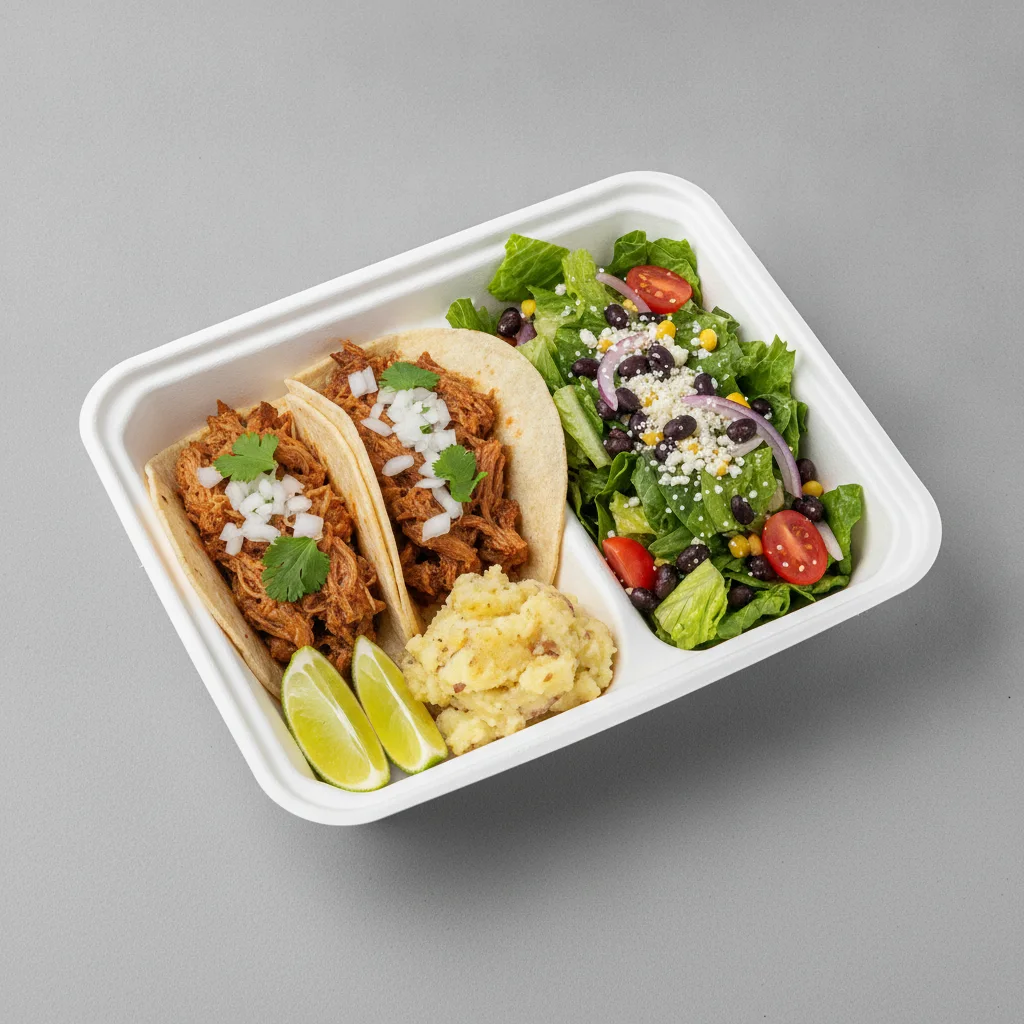 2 Tacos Boxed Lunch — Carnitas with Mashed Potato / Mexican House Salad 2 Tacos Boxed Lunch — Carnitas with Mashed Potato / Mexican House Salad