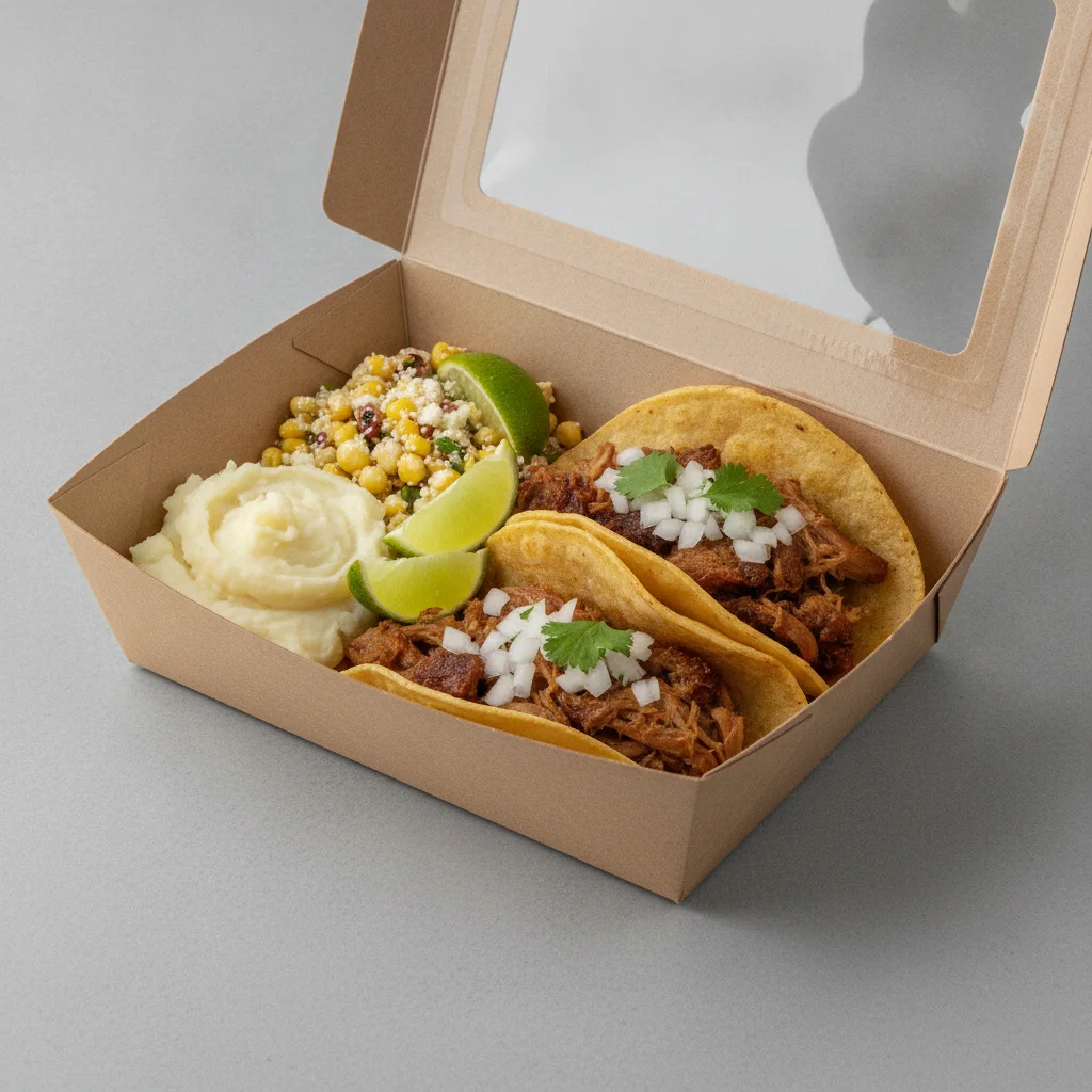 2 Tacos Boxed Lunch — Carnitas with Mashed Potato / Street Corn Salad 2 Tacos Boxed Lunch — Carnitas with Mashed Potato / Street Corn Salad