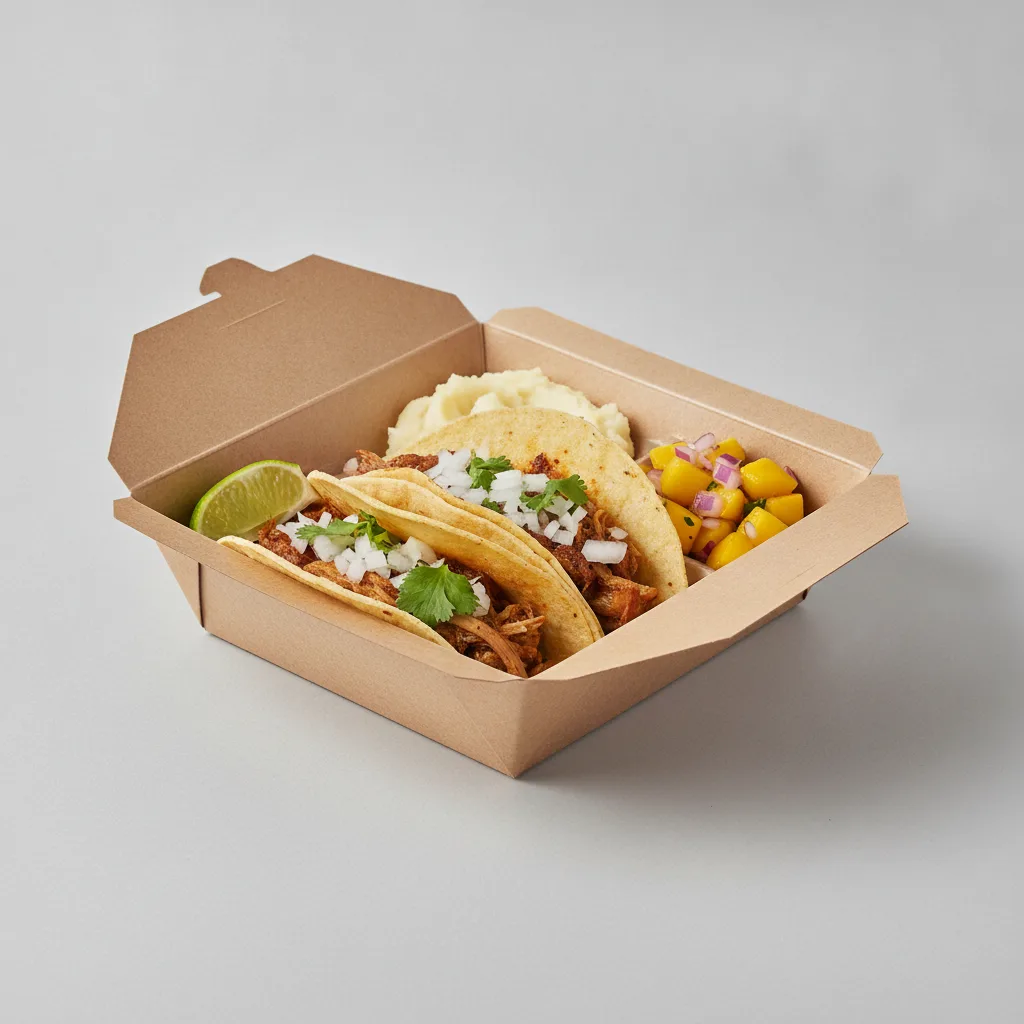 2 Tacos Boxed Lunch — Carnitas with Mashed Potato / Mango Salad 2 Tacos Boxed Lunch — Carnitas with Mashed Potato / Mango Salad