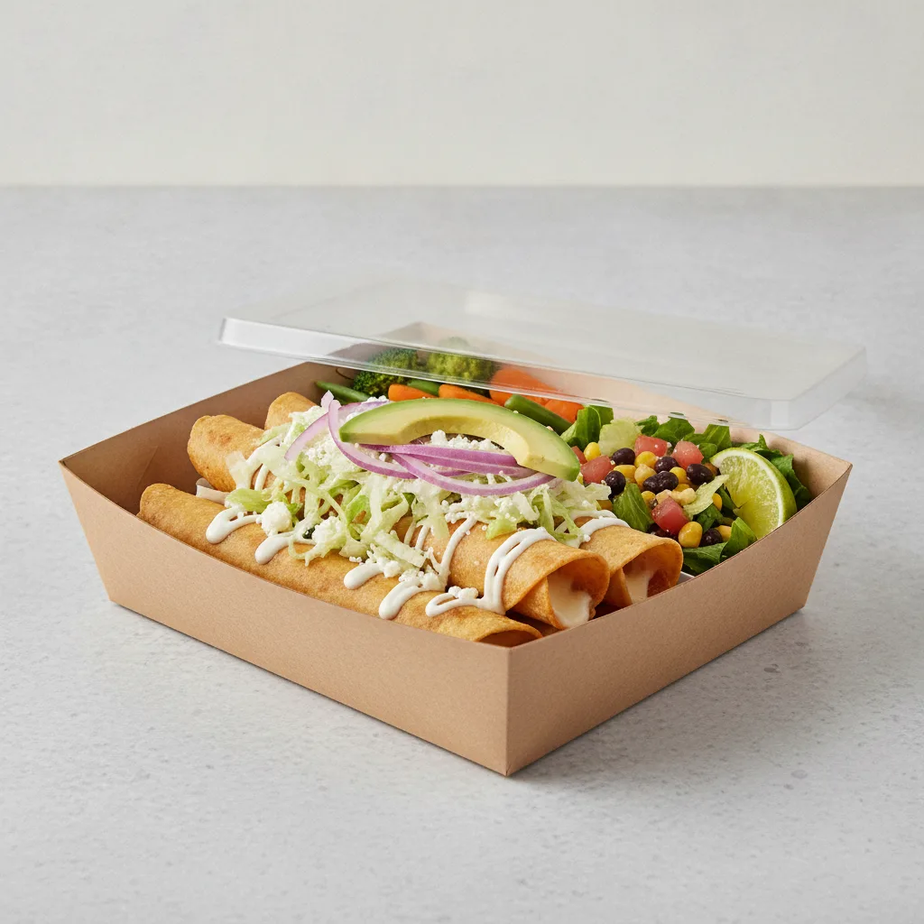 Flautas Boxed Lunch — Cheese with Steamed Mix Veggies / Mexican House Salad Flautas Boxed Lunch — Cheese with Steamed Mix Veggies / Mexican House Salad