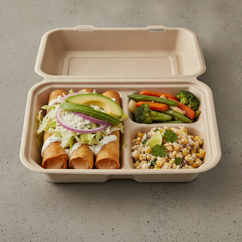 Flautas Boxed Lunch — Cheese with Steamed Mix Veggies / Street Corn Salad Flautas Boxed Lunch — Cheese with Steamed Mix Veggies / Street Corn Salad
