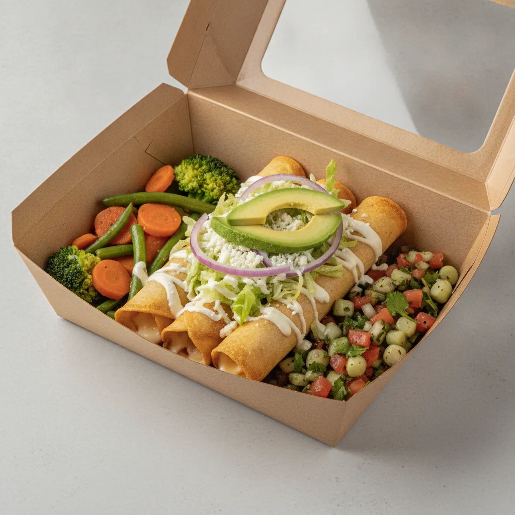 Flautas Boxed Lunch — Cheese with Steamed Mix Veggies / Nopalitos Salad Flautas Boxed Lunch — Cheese with Steamed Mix Veggies / Nopalitos Salad
