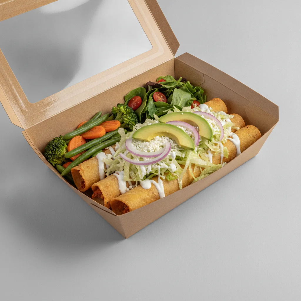 Flautas Boxed Lunch — Cheese with Steamed Mix Veggies / Green Salad Flautas Boxed Lunch — Cheese with Steamed Mix Veggies / Green Salad
