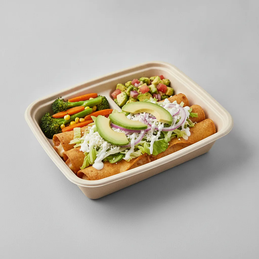 Flautas Boxed Lunch — Cheese with Steamed Mix Veggies / Avocado Salad Flautas Boxed Lunch — Cheese with Steamed Mix Veggies / Avocado Salad