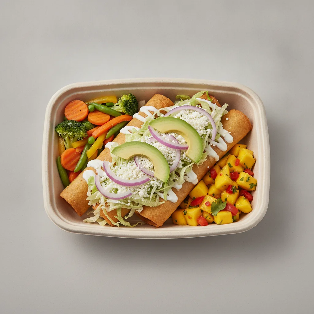 Flautas Boxed Lunch — Cheese with Steamed Mix Veggies / Mango Salad Flautas Boxed Lunch — Cheese with Steamed Mix Veggies / Mango Salad