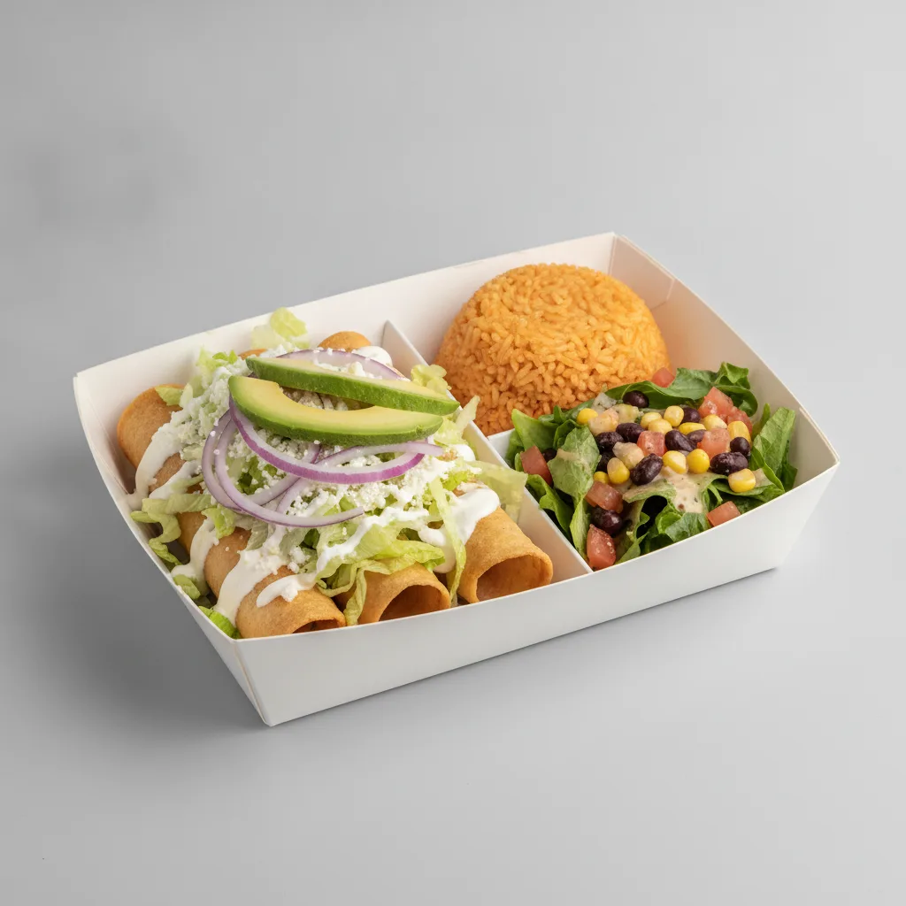 Flautas Boxed Lunch — Cheese with Mexican Rice / Mexican House Salad Flautas Boxed Lunch — Cheese with Mexican Rice / Mexican House Salad