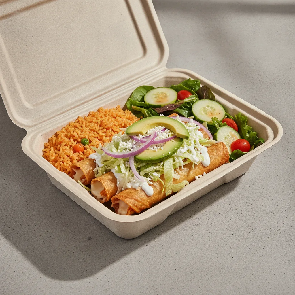 Flautas Boxed Lunch — Cheese with Mexican Rice / Green Salad Flautas Boxed Lunch — Cheese with Mexican Rice / Green Salad