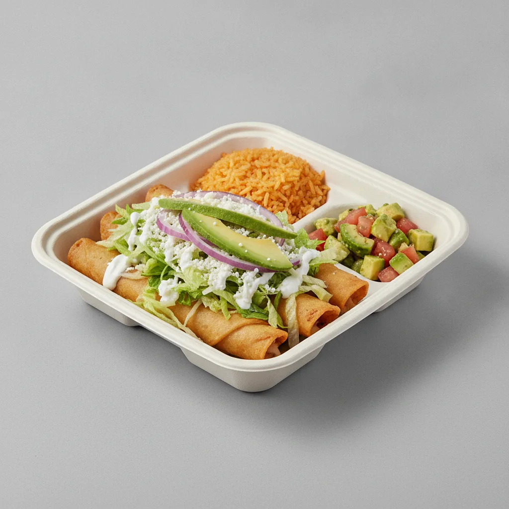 Flautas Boxed Lunch — Cheese with Mexican Rice / Avocado Salad Flautas Boxed Lunch — Cheese with Mexican Rice / Avocado Salad