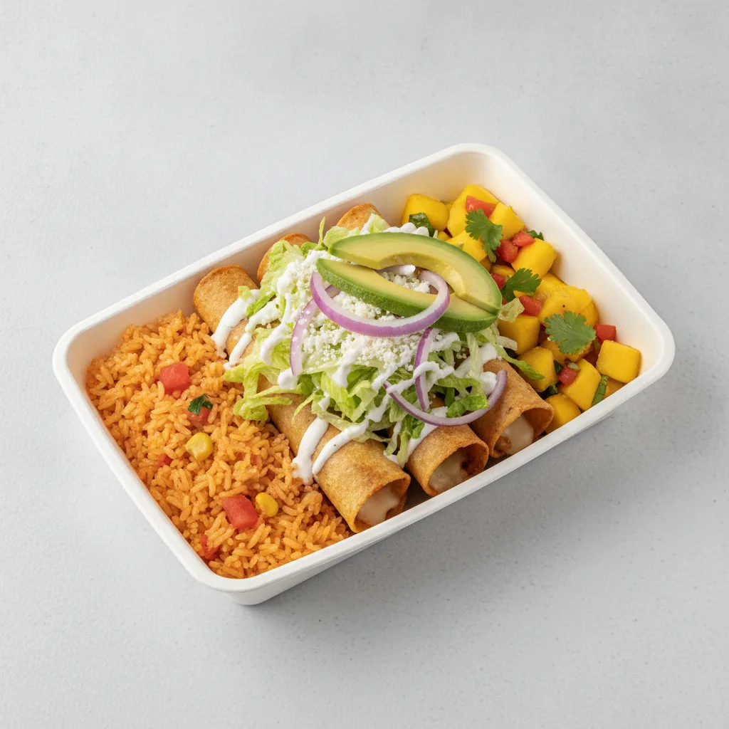 Flautas Boxed Lunch — Cheese with Mexican Rice / Mango Salad Flautas Boxed Lunch — Cheese with Mexican Rice / Mango Salad