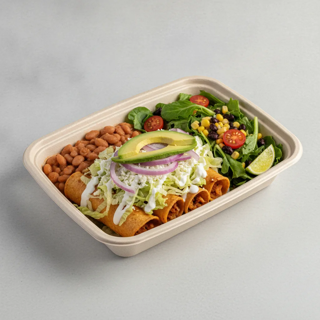 Flautas Boxed Lunch — Cheese with Pinto Beans / Mexican House Salad Flautas Boxed Lunch — Cheese with Pinto Beans / Mexican House Salad