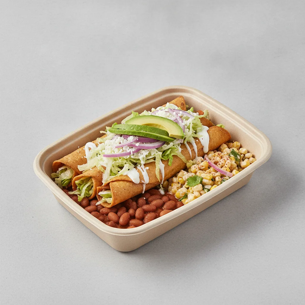 Flautas Boxed Lunch — Cheese with Pinto Beans / Street Corn Salad Flautas Boxed Lunch — Cheese with Pinto Beans / Street Corn Salad