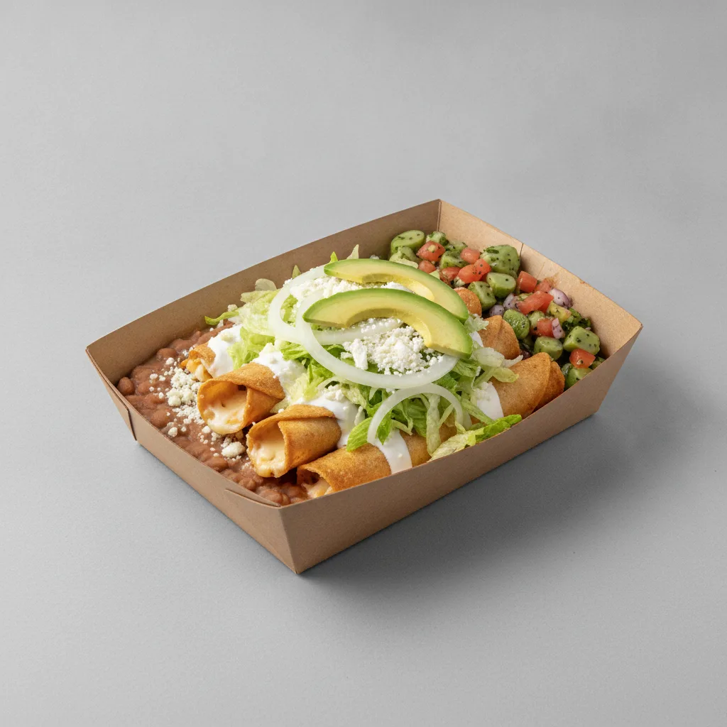 Flautas Boxed Lunch — Cheese with Pinto Beans / Nopalitos Salad Flautas Boxed Lunch — Cheese with Pinto Beans / Nopalitos Salad