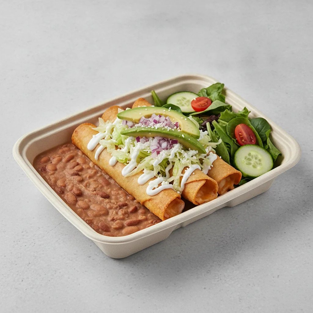 Flautas Boxed Lunch — Cheese with Pinto Beans / Green Salad Flautas Boxed Lunch — Cheese with Pinto Beans / Green Salad
