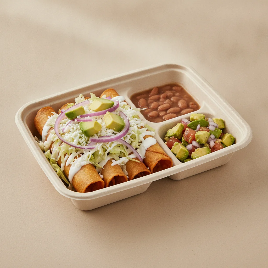 Flautas Boxed Lunch — Cheese with Pinto Beans / Avocado Salad Flautas Boxed Lunch — Cheese with Pinto Beans / Avocado Salad