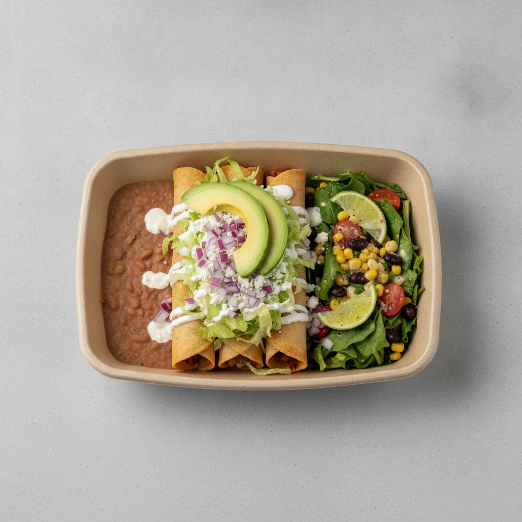 Flautas Boxed Lunch — Cheese with Refried Pinto Beans / Mexican House Salad Flautas Boxed Lunch — Cheese with Refried Pinto Beans / Mexican House Salad