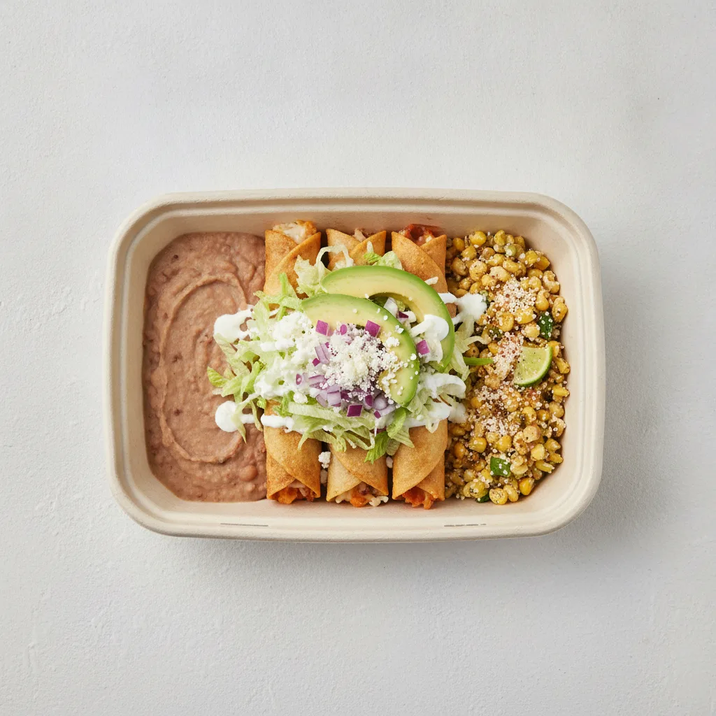 Flautas Boxed Lunch — Cheese with Refried Pinto Beans / Street Corn Salad Flautas Boxed Lunch — Cheese with Refried Pinto Beans / Street Corn Salad