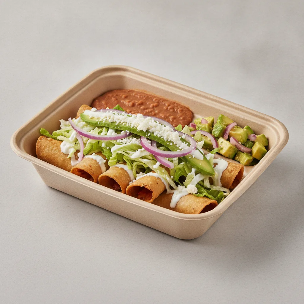 Flautas Boxed Lunch — Cheese with Refried Pinto Beans / Avocado Salad Flautas Boxed Lunch — Cheese with Refried Pinto Beans / Avocado Salad