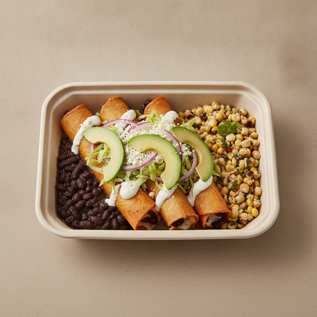 Flautas Boxed Lunch — Cheese with Black Beans / Street Corn Salad Flautas Boxed Lunch — Cheese with Black Beans / Street Corn Salad