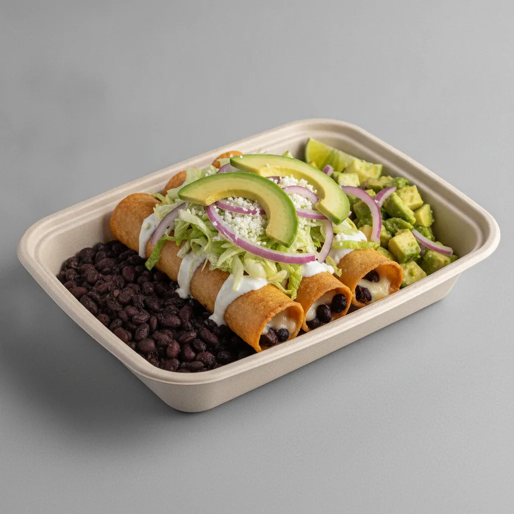 Flautas Boxed Lunch — Cheese with Black Beans / Avocado Salad Flautas Boxed Lunch — Cheese with Black Beans / Avocado Salad