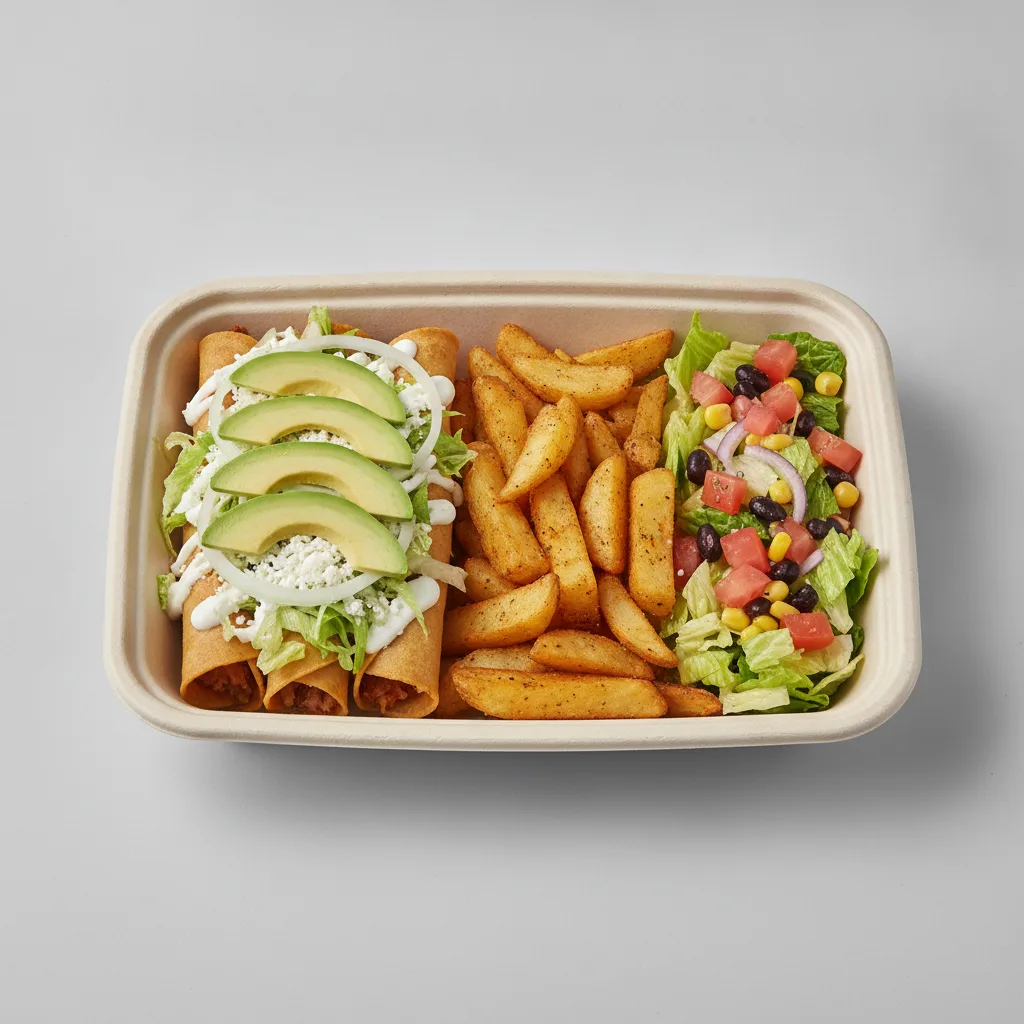 Flautas Boxed Lunch — Cheese — Home Fries / Mexican House Salad Flautas Boxed Lunch — Cheese — Home Fries / Mexican House Salad