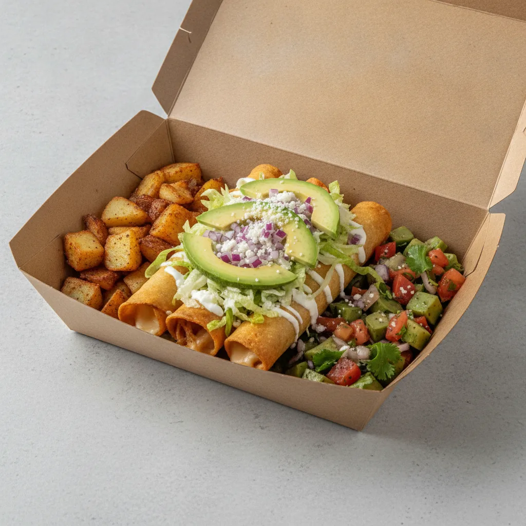 Flautas Boxed Lunch — Cheese — Home Fries / Nopalitos Salad Flautas Boxed Lunch — Cheese — Home Fries / Nopalitos Salad