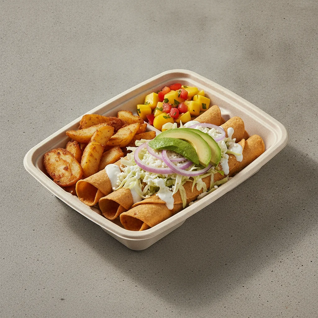 Flautas Boxed Lunch — Cheese — Home Fries / Mango Salad Flautas Boxed Lunch — Cheese — Home Fries / Mango Salad