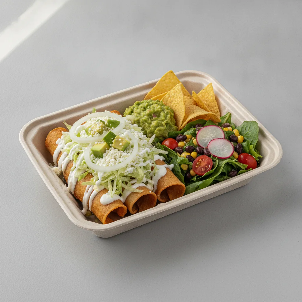 Flautas Boxed Lunch — Cheese with Guacamole and Chips / Mexican House Salad Flautas Boxed Lunch — Cheese with Guacamole and Chips / Mexican House Salad