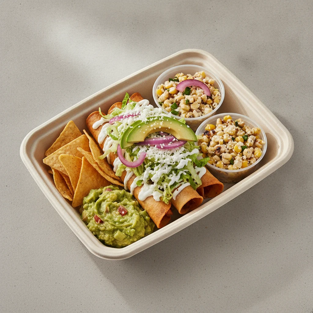 Flautas Boxed Lunch — Cheese with Guacamole and Chips / Street Corn Salad Flautas Boxed Lunch — Cheese with Guacamole and Chips / Street Corn Salad