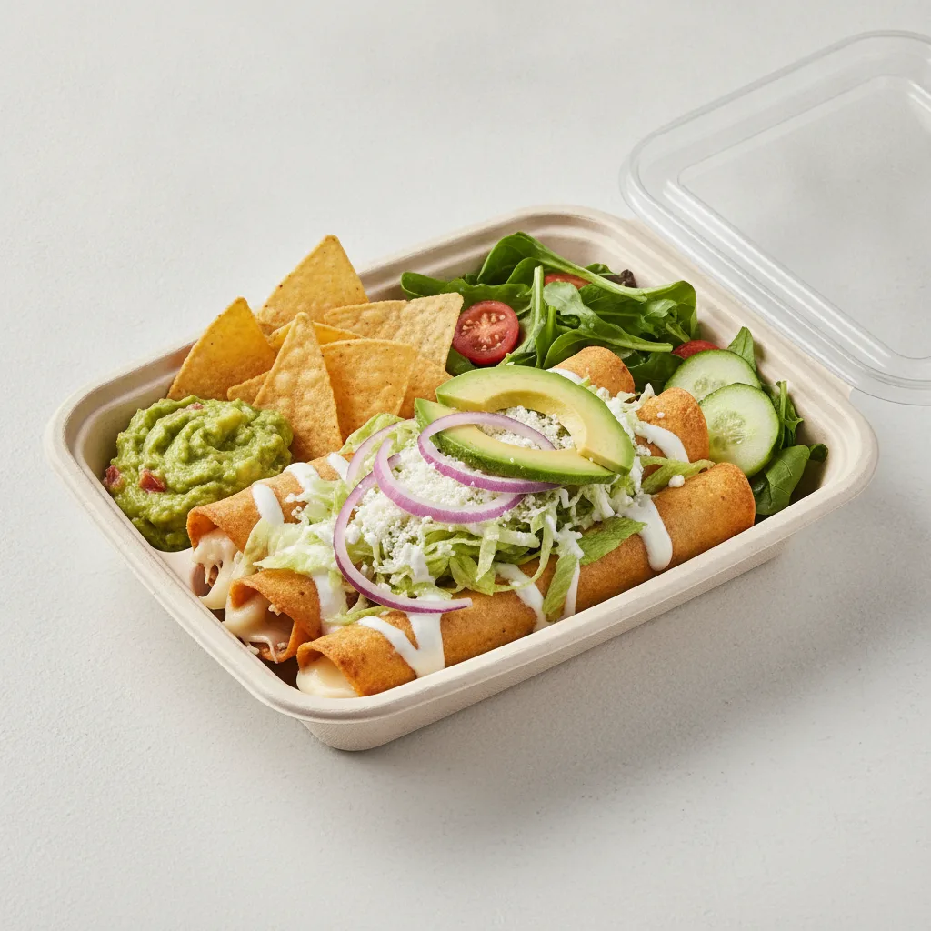 Flautas Boxed Lunch — Cheese with Guacamole and Chips / Green Salad Flautas Boxed Lunch — Cheese with Guacamole and Chips / Green Salad