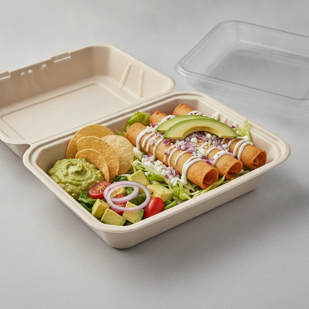 Flautas Boxed Lunch — Cheese with Guacamole and Chips / Avocado Salad Flautas Boxed Lunch — Cheese with Guacamole and Chips / Avocado Salad