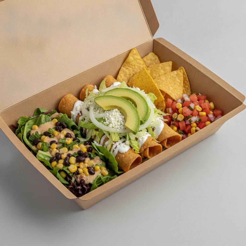 Flautas Boxed Lunch — Cheese with Pico and Chips / Mexican House Salad Flautas Boxed Lunch — Cheese with Pico and Chips / Mexican House Salad