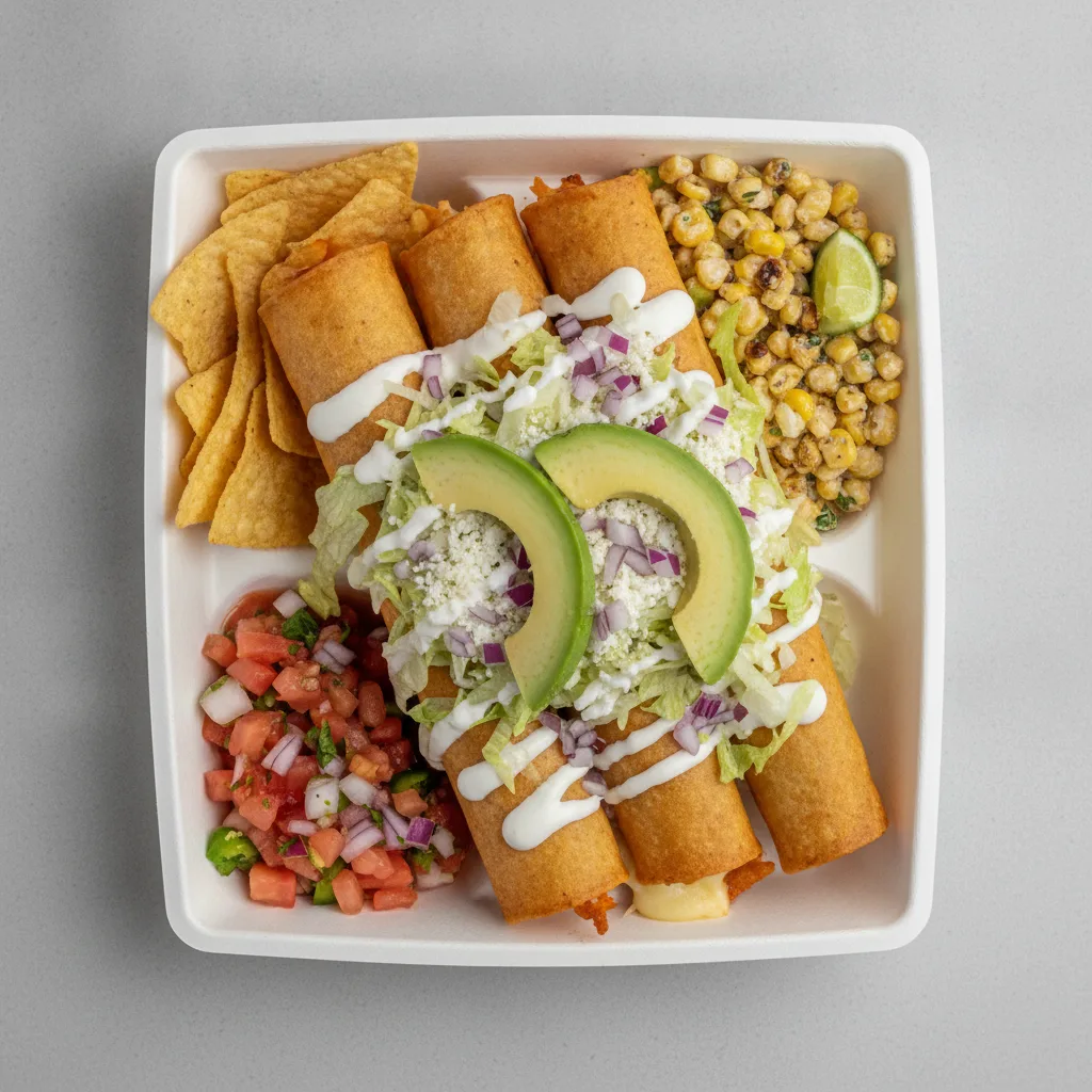 Flautas Boxed Lunch — Cheese with Pico and Chips / Street Corn Salad Flautas Boxed Lunch — Cheese with Pico and Chips / Street Corn Salad
