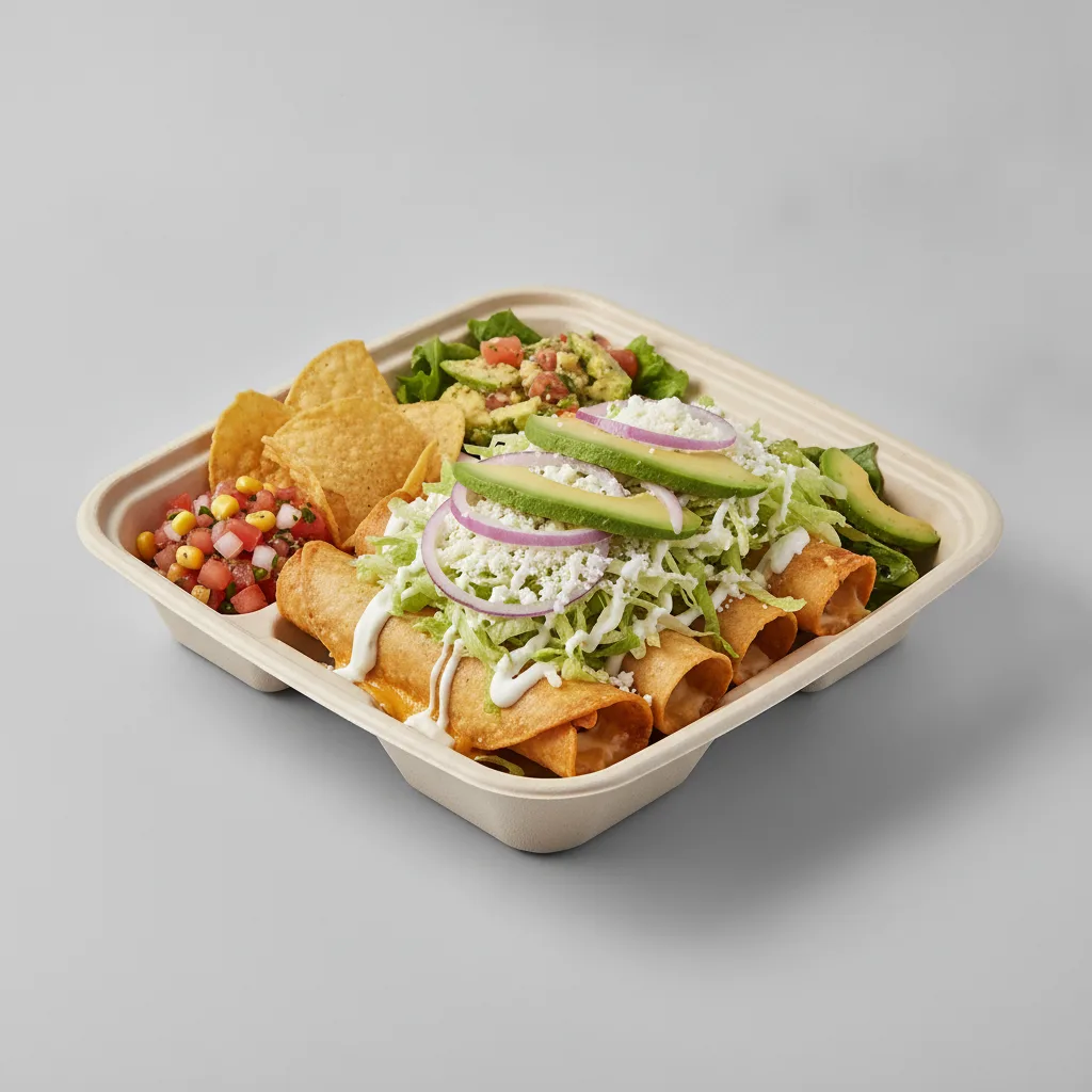 Flautas Boxed Lunch — Cheese with Pico and Chips / Avocado Salad Flautas Boxed Lunch — Cheese with Pico and Chips / Avocado Salad
