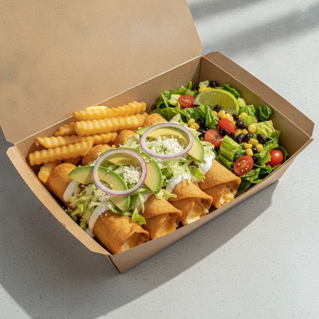 Flautas Boxed Lunch — Cheese with French Fries / Mexican House Salad Flautas Boxed Lunch — Cheese with French Fries / Mexican House Salad