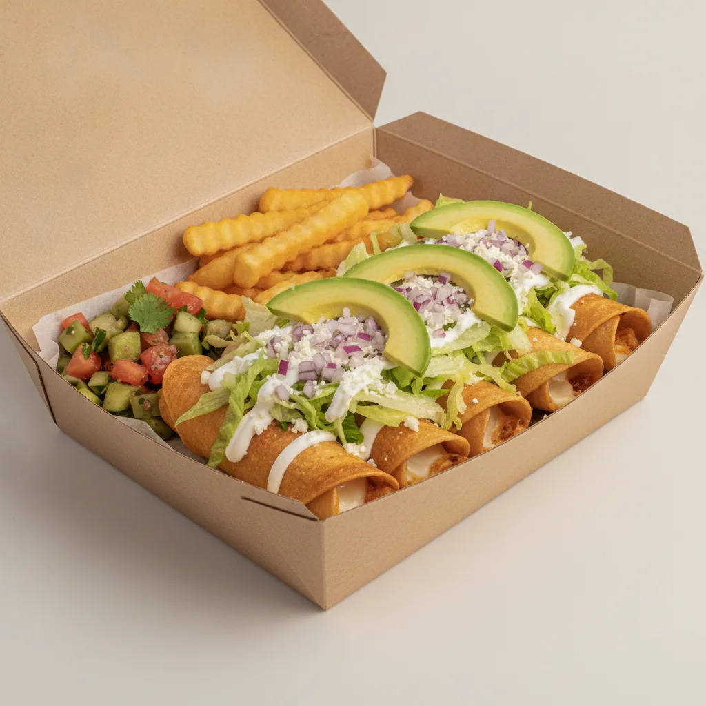 Flautas Boxed Lunch — Cheese with French Fries / Nopalitos Salad Flautas Boxed Lunch — Cheese with French Fries / Nopalitos Salad