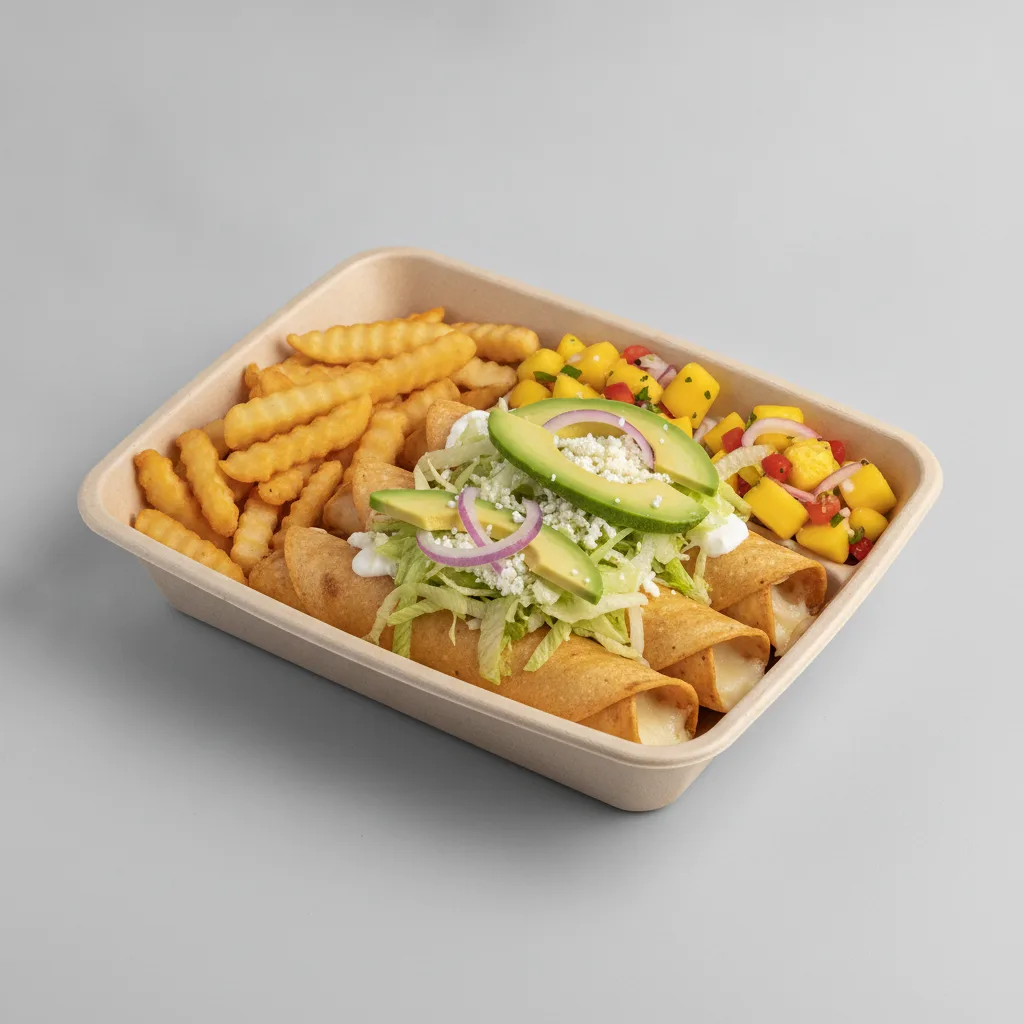 Flautas Boxed Lunch — Cheese with French Fries / Mango Salad Flautas Boxed Lunch — Cheese with French Fries / Mango Salad