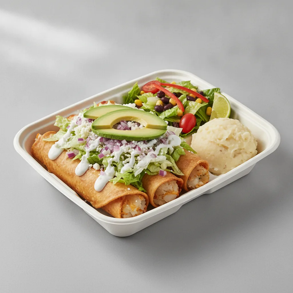Flautas Boxed Lunch — Cheese with Mashed Potato / Mexican House Salad Flautas Boxed Lunch — Cheese with Mashed Potato / Mexican House Salad