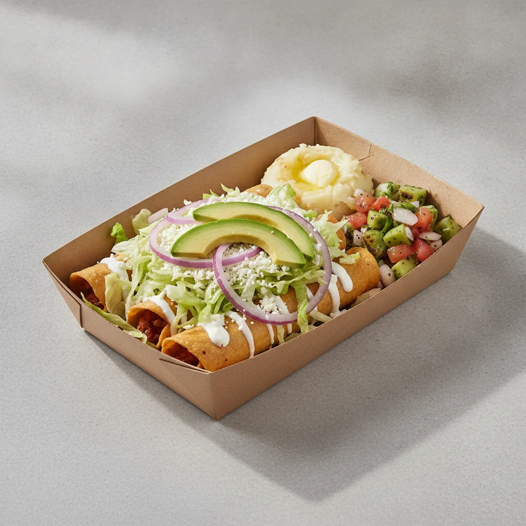 Flautas Boxed Lunch — Cheese with Mashed Potato / Nopalitos Salad Flautas Boxed Lunch — Cheese with Mashed Potato / Nopalitos Salad