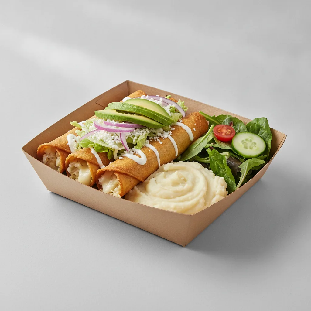 Flautas Boxed Lunch — Cheese with Mashed Potato / Green Salad Flautas Boxed Lunch — Cheese with Mashed Potato / Green Salad