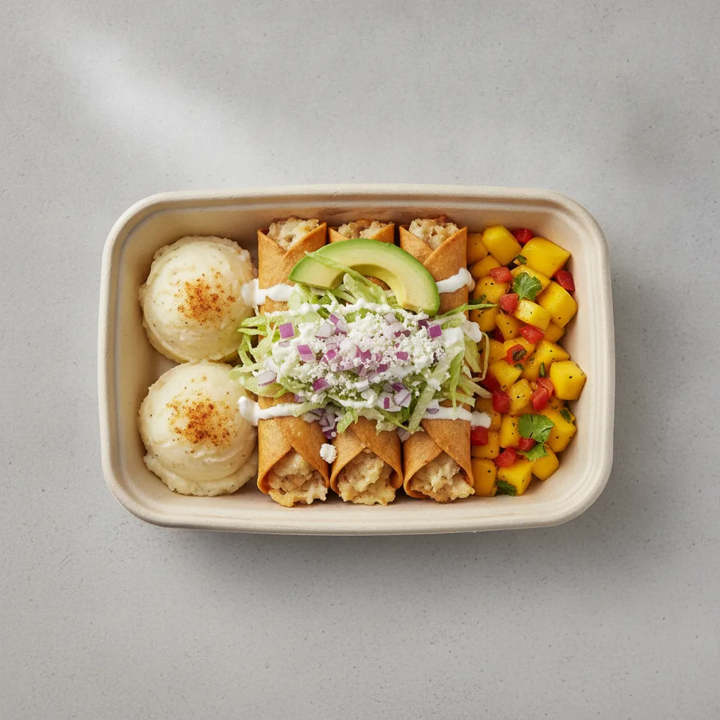 Flautas Boxed Lunch — Cheese with Mashed Potato / Mango Salad Flautas Boxed Lunch — Cheese with Mashed Potato / Mango Salad