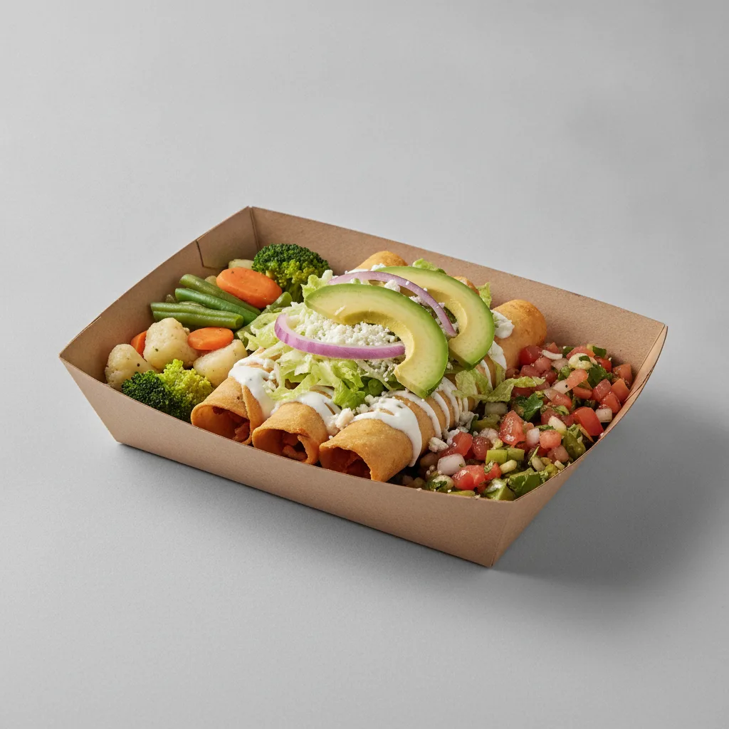 Flautas Boxed Lunch — Chicken with Steamed Mix Veggies / Nopalitos Salad Flautas Boxed Lunch — Chicken with Steamed Mix Veggies / Nopalitos Salad