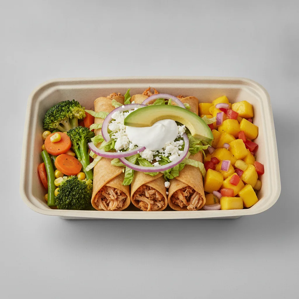 Flautas Boxed Lunch — Chicken with Steamed Mix Veggies / Mango Salad Flautas Boxed Lunch — Chicken with Steamed Mix Veggies / Mango Salad