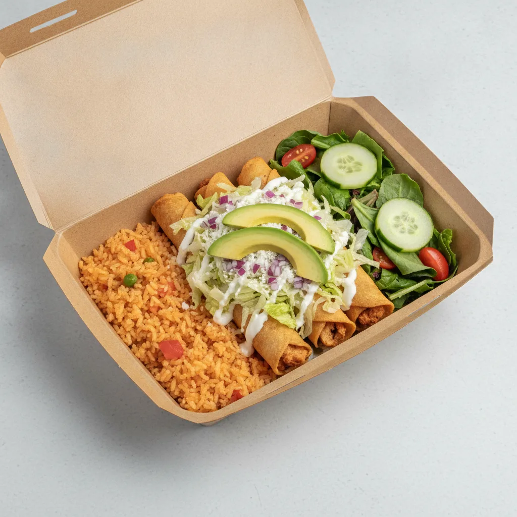 Flautas Boxed Lunch — Chicken with Mexican Rice / Green Salad Flautas Boxed Lunch — Chicken with Mexican Rice / Green Salad