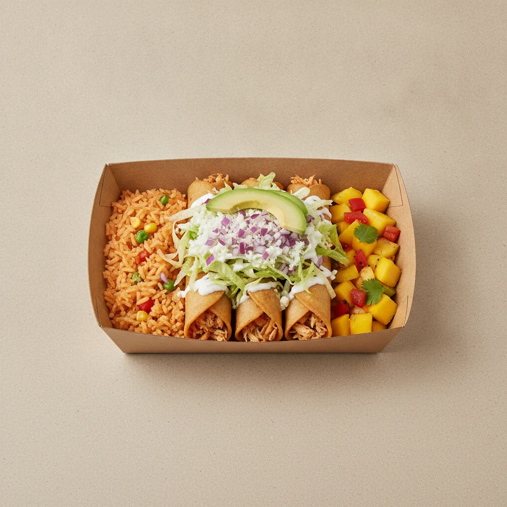 Flautas Boxed Lunch — Chicken with Mexican Rice / Mango Salad Flautas Boxed Lunch — Chicken with Mexican Rice / Mango Salad