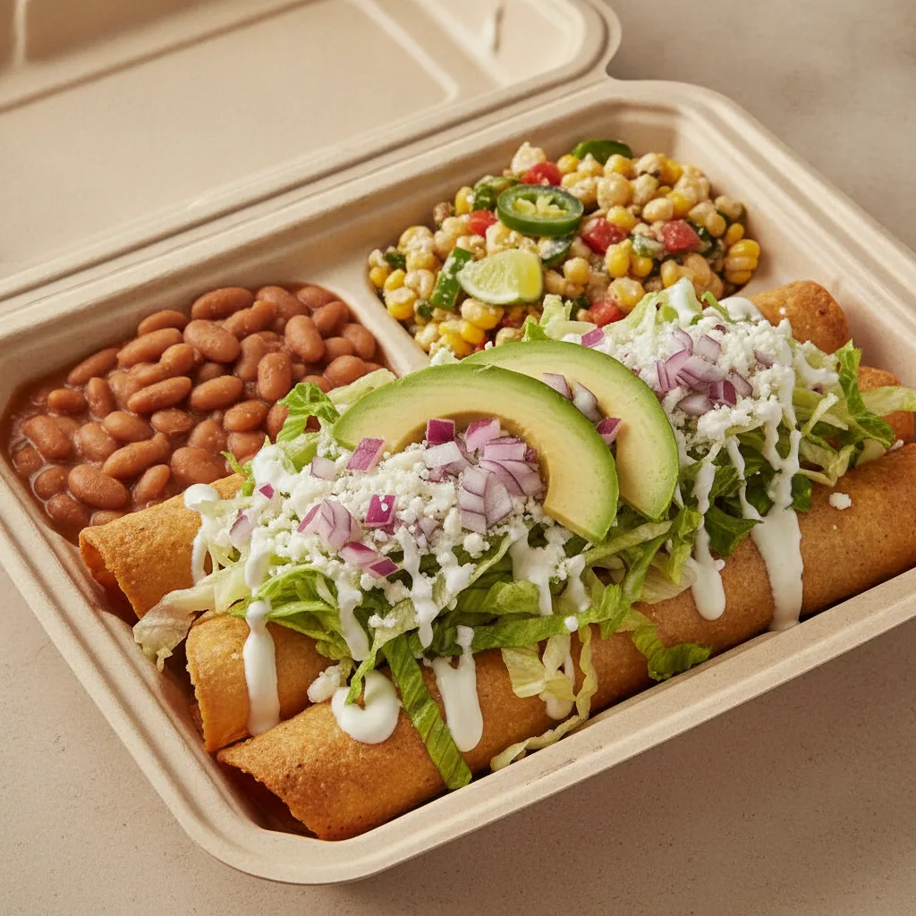 Flautas Boxed Lunch — Chicken with Pinto Beans / Street Corn Salad Flautas Boxed Lunch — Chicken with Pinto Beans / Street Corn Salad