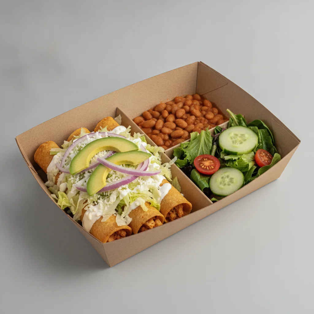 Flautas Boxed Lunch — Chicken with Pinto Beans / Green Salad Flautas Boxed Lunch — Chicken with Pinto Beans / Green Salad