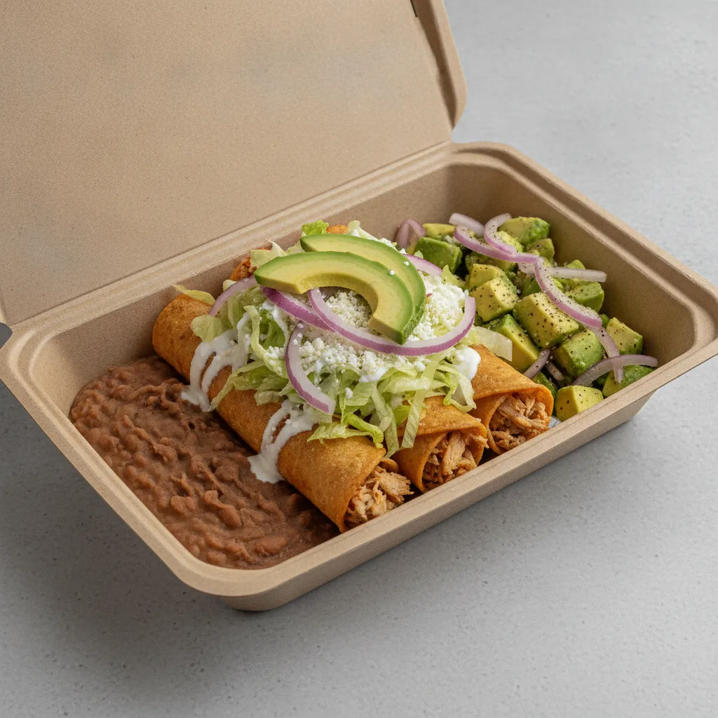 Flautas Boxed Lunch — Chicken with Pinto Beans / Avocado Salad Flautas Boxed Lunch — Chicken with Pinto Beans / Avocado Salad