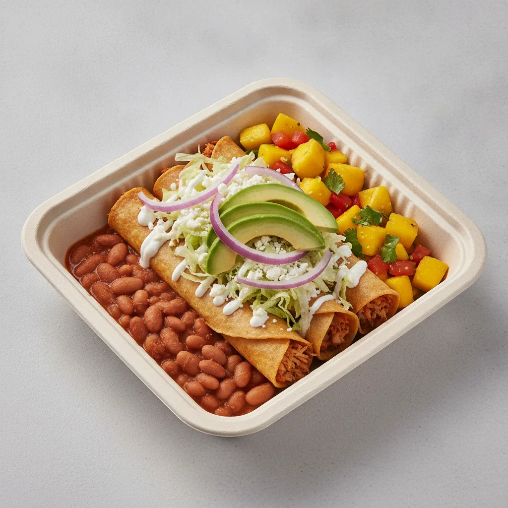 Flautas Boxed Lunch — Chicken with Pinto Beans / Mango Salad Flautas Boxed Lunch — Chicken with Pinto Beans / Mango Salad