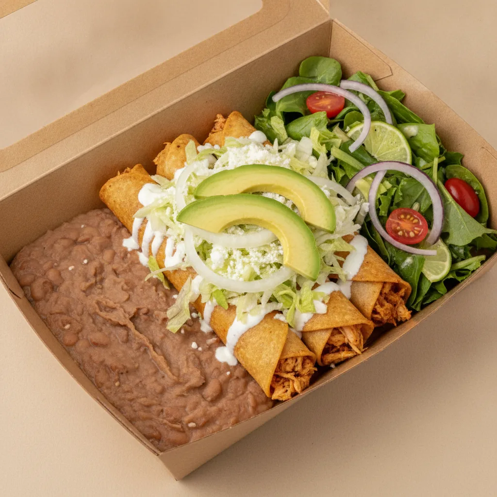 Flautas Boxed Lunch — Chicken with Refried Pinto Beans / Mexican House Salad Flautas Boxed Lunch — Chicken with Refried Pinto Beans / Mexican House Salad